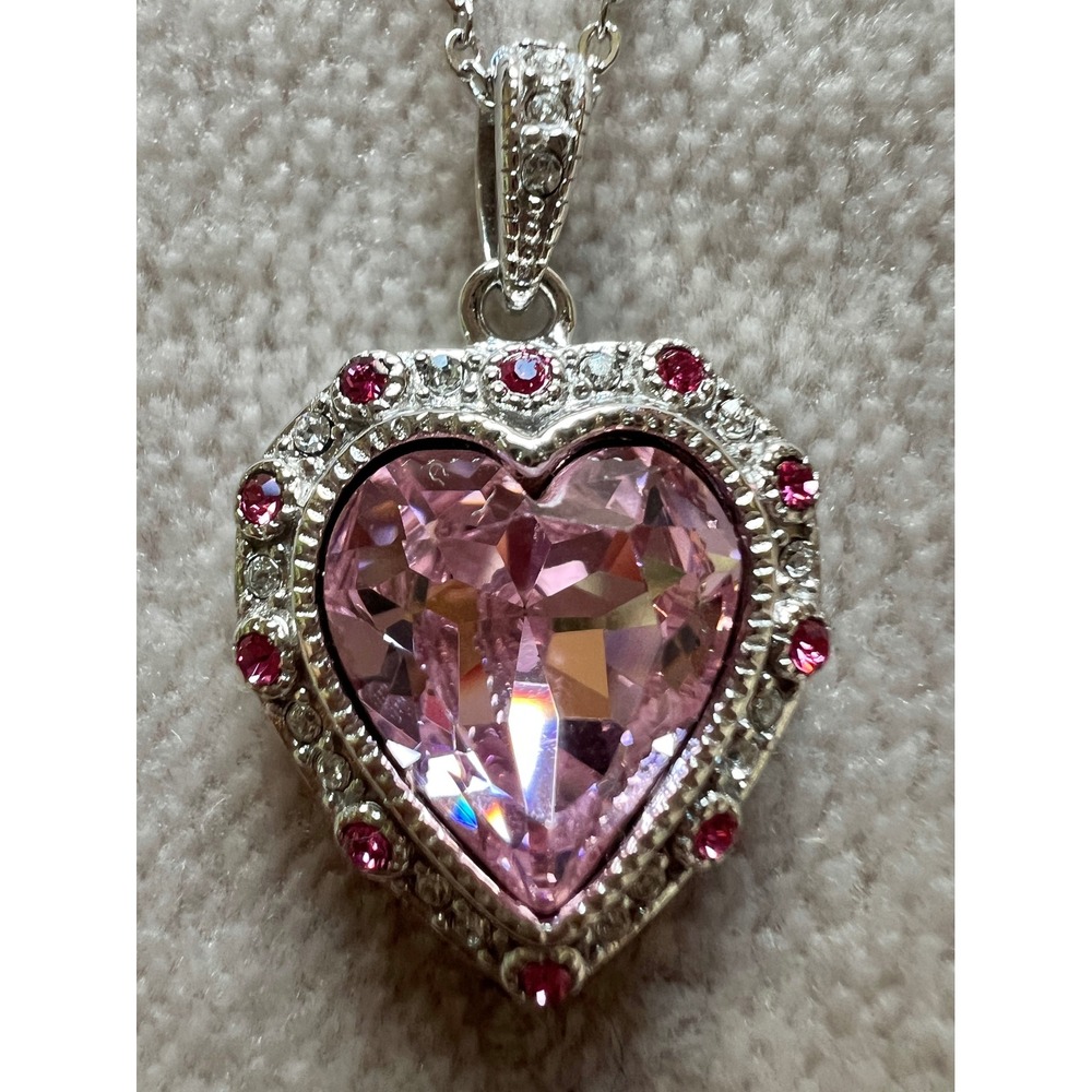 Bleu Sage Sterling Silver Pink Crystal Heart Pendant Necklace 16-18 Inch 925 FD - Picture 2 of 7